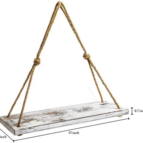 Rustic Rope Wood Hang Floating Shelf 4 Hooks - Picture 4 of 7